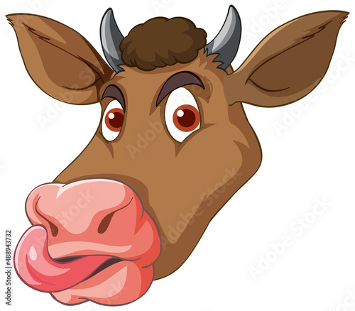 Head of brown cow sticking out tongue cartoon