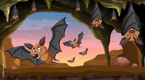 Cave scene with group of bats in cartoon style