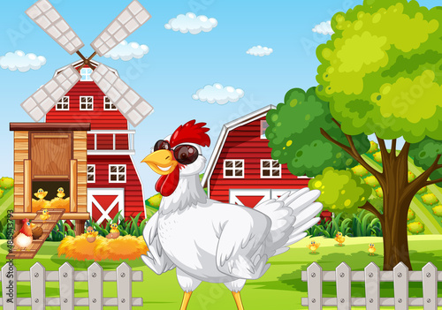 Farm scene with a chicken wearing sunglasses