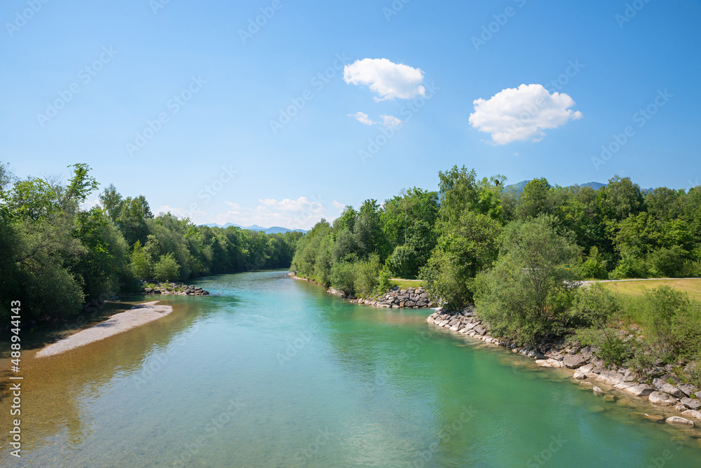 green Isar river, with trees at the riverside, near Arzbach Lenggries, upper bavaria