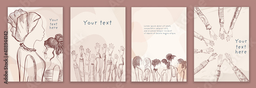 Group diverse women and girls. Sketch of multicultural women. Female social network community. Racial equality. Allyship. Empowerment. Head and hands. Brochure - poster -editable template