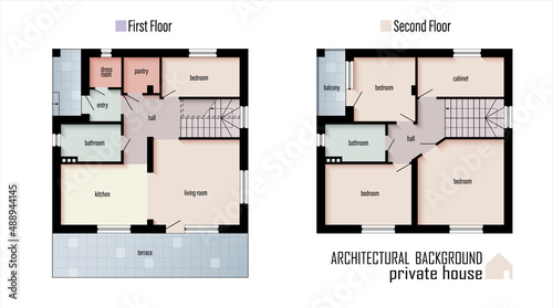 Floor plans of a house, modern cottage. Project of Individual villa, apartment. Architectural CAD drawing. Blueprint layout. Technical Colored Plans. Vector illustration