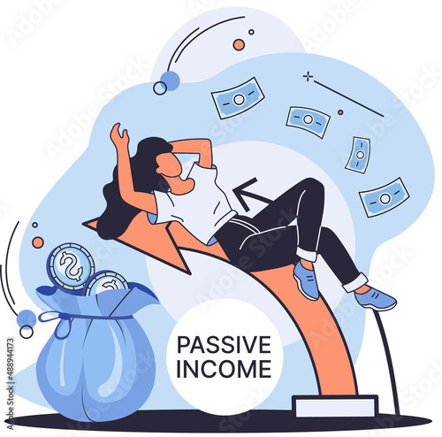 Passive income, interest on deposits, dividends, investing, online monetization. Getting profit, money from investments. Idea of financial growth and business development, successful investor