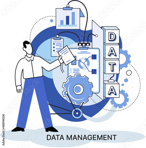 Data management metaphor, privacy media center, business protection, rational storage of information, digital privacy. Efficient data manager, cost-effective safe organization, storage and use of data