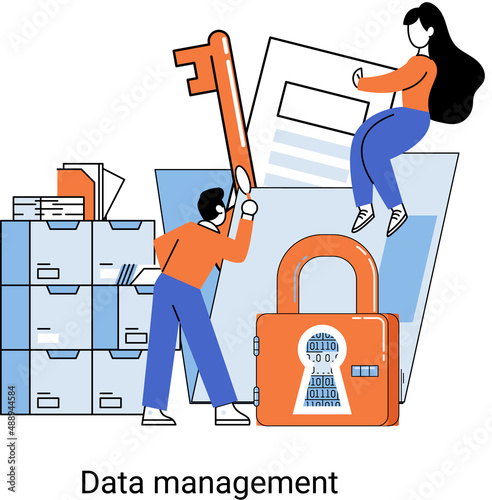 Data management metaphor, privacy media center, business protection, rational storage of information, digital privacy. Efficient data manager, cost-effective safe organization, storage and use of data