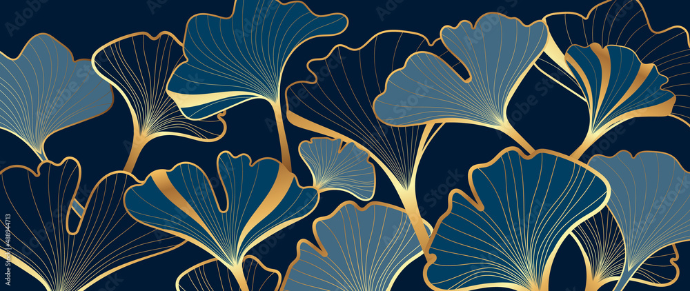 Luxury ginkgo leaf on dark blue background. Nature wallpaper of ginkgo