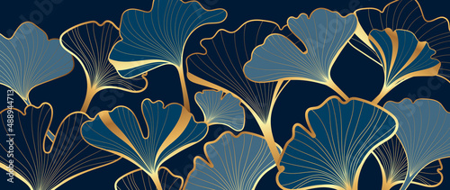 Luxury ginkgo leaf on dark blue background. Nature wallpaper of ginkgo leaves, biloba plants in golden line art pattern. Hand drawn design for banner, covers, wall art, home decor, fabric and design.