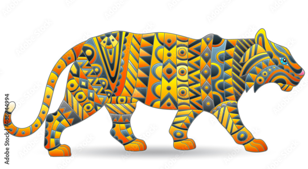 Fototapeta premium A stained glass illustration with an abstract tiger, an animal isolated on a white background