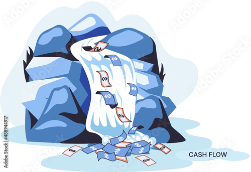 Idea of financial growth and business development. Business investment and profit increase, financial literacy courses. Waterfall with money dollar bills. Cash flow stable income. Money flows metaphor