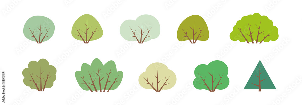 BUSHES. Set of different bush, shrub. Minimal cute nature icons. Flat