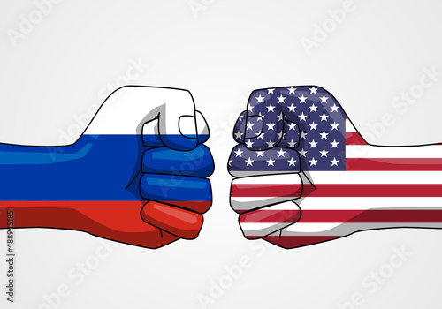 flags on hand conflict between Usa and Russia. Conflict of the country concept. vector illustration in flat style modern design