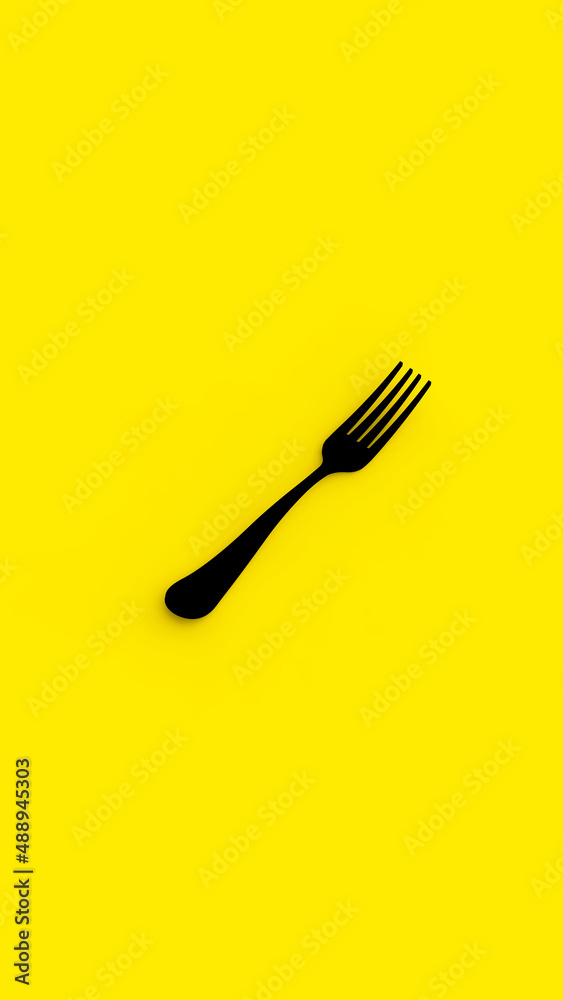 Fork is black on yellow background. Isolated object. Vertical image. 3D image. 3D rendering. Fork is black on yellow background. Isolated object. Vertical image. 3D image. 3D rendering.