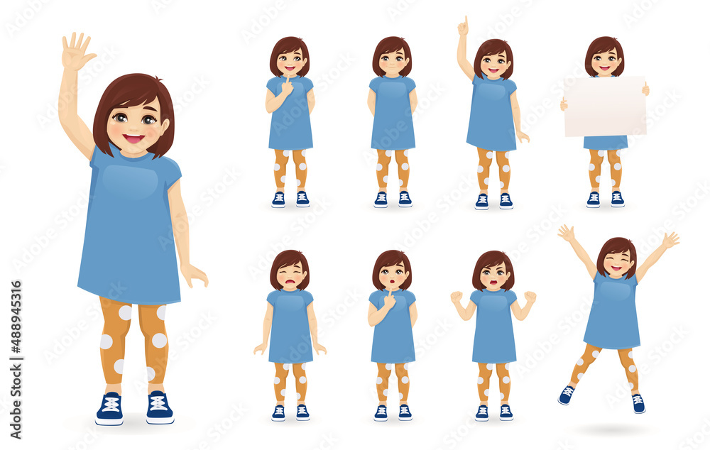 Smiling cute little girl in different poses set. Various kid gestures - thinking, angry, crying, jumping, welcoming, holding empty blank board and making idea pointing up isolated vector illustration Smiling cute little girl in different poses set. Various kid gestures - thinking, angry, crying, jumping, welcoming, holding empty blank board and making idea pointing up isolated vector illustration