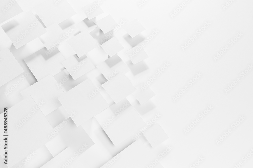 White abstract background - geometric pattern of soar rhombuses in light with soft grey shadows as border, copy space, top view. Simple minimal backdrop for advertising, design.