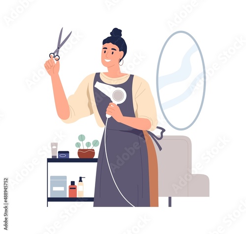Hairdresser with professional tools at work. Hairstylist with scissors and hair dryer in hands in salon. Happy woman barber master portrait. Flat vector illustration isolated on white background