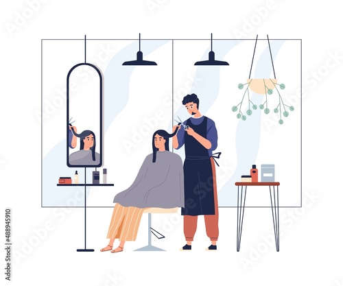 Hairdresser cutting clients hair in salon. Hairstylist doing haircut with scissors for woman customer in chair. Professional treatment process. Flat vector illustration isolated on white background