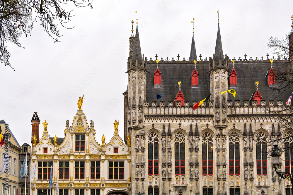 Brugge City Hall (right) and  Old Civil Registry (left) in Burg square in Bruges, Belgium