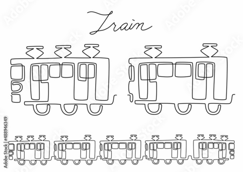 一筆書き　連結した電車とワンマン電車（白黒、モノクロ）
