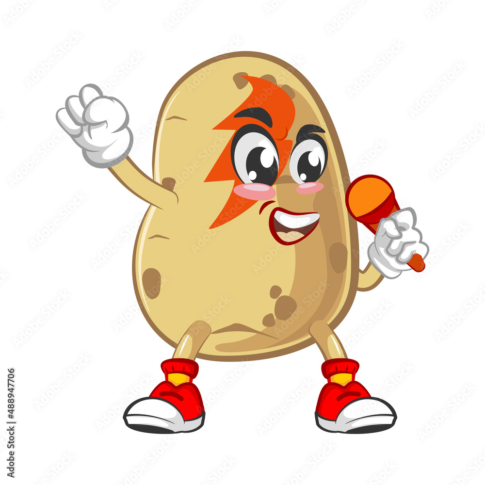 vector illustration of cute potato mascot character singing rock and roll popstars