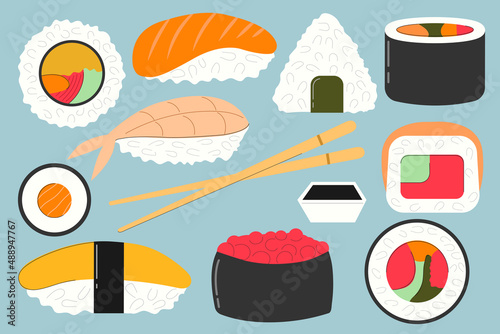 Sushi set Vector flat Illustration. Japanese food.