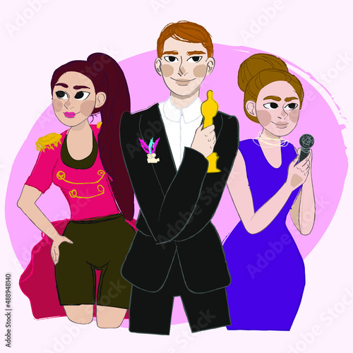 Illustration of a group of artists performing at a film evening