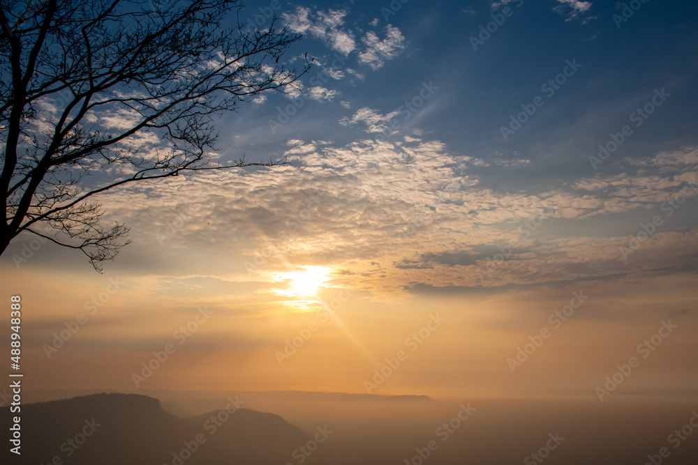 aerial view silhouette tree growing on the top of the mountain orange sunrise Morning sky, clouds, sunset view, mountain ranges and cloudy sky reflecting sunlight yellow nature