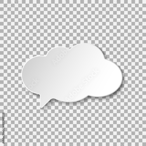 Vector paper cut speech bubble in the shape of a cloud. White volume element with shadow underneath on transparent background. Volumetric, trendy design. Best for polygraphy, print and web. 