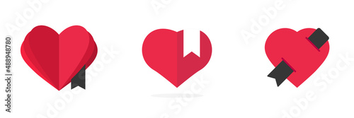 Book as heart love reading logo vector icon or bookstore and knowledge care shop logotype with bookmark flat cartoon, education or learning passion modern symbol set