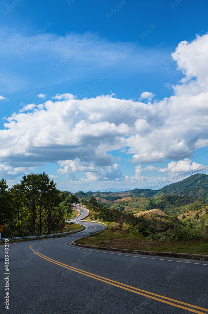 Road No.1081 way from Pua District to Bo Kluea District, Nan THAILAND.The famous view point and that tourists must stop by to check in at nan. Curvy road looks like number 3.