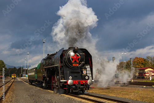 departure of a steam locomotive at a Czech railway station
