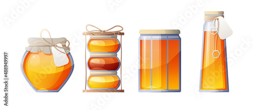 A set of glass jars with natural honey. Useful product. Suitable for stickers, website decor, etc.