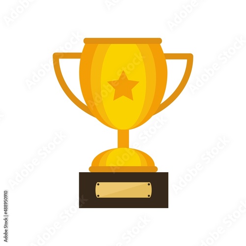 Illustration gold cup on white background. Vector silhouette of trophy for first place with a star in the center in cartoon style.