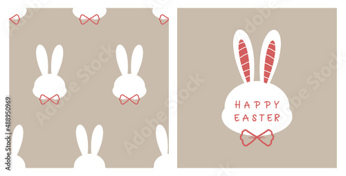 Seamless pattern with Easter rabbit cartoons on brown background. Rabbit face and bow tie on brown background vector illustration.