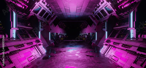 Photo Blue and pink interior with neon lights on panel walls