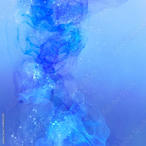 夏用のアルコールインクアート抽象背景正方形バナー）青い波 マーブル 水彩 透明感 グラデーション
