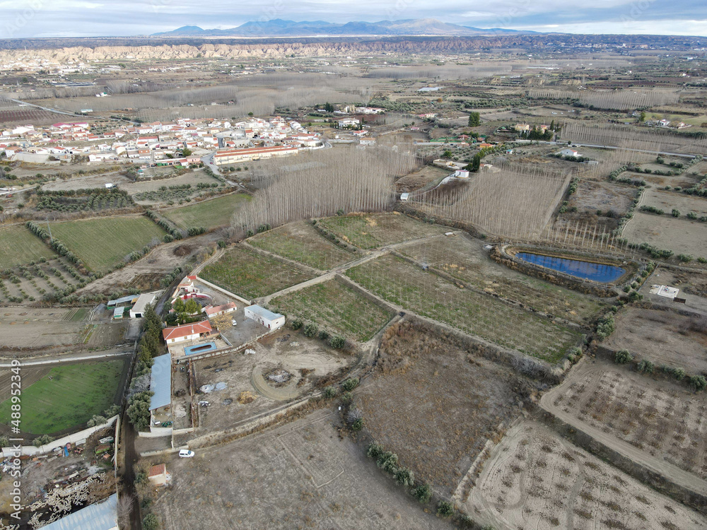 Drone view at woods and hills near Guadix on Spain