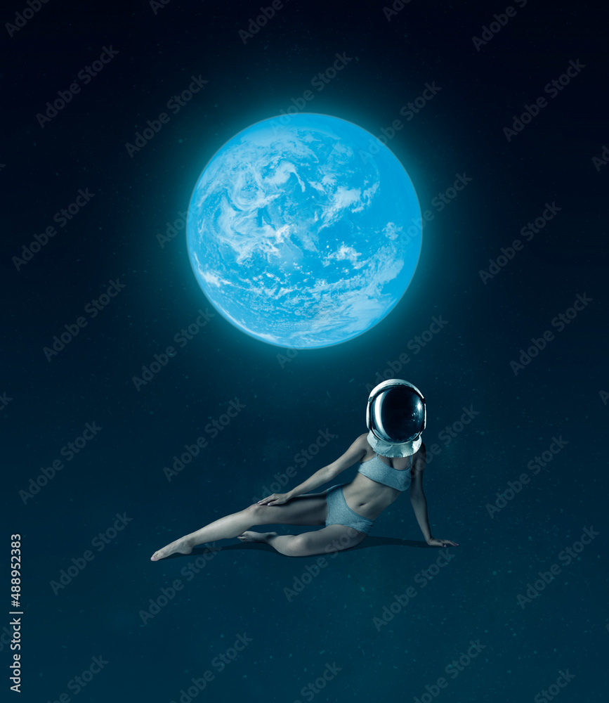 Conceptual creative artwork with pretty girl in helmet on outer space background. Concept of astronautics, dreams, astronomy, art, Day of Human Space Flight - obrazy, fototapety, plakaty 