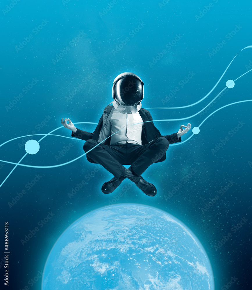 Contemporary art collage with businessman in helmet sitting in lotus position on outer space background. Concept of astronautics, dreams, Day of Human Space Flight - obrazy, fototapety, plakaty 