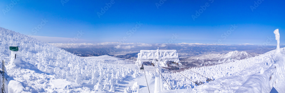 Looking out over snow monsters plateau from the top of  observatory (Zao-onsen ski resort, Yamagata, Japan)