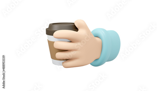 3D Rendering of hand holding cup of takeaway coffee isolate on white background. 3D Render illustration cartoon style.