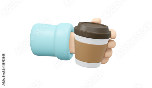 3D Rendering of hand holding cup of takeaway coffee isolate on white background. 3D Render illustration cartoon style.