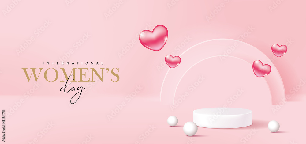 Women's day banner for product demonstration. White pedestal or podium with flying hearts on pink background. Women's day banner for product demonstration. White pedestal or podium with flying hearts on pink background.