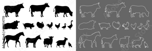 Collection de pictogrammes représentant les différents animaux de ferme, une série composée de silhouettes noires et une autre sans fond avec des contours blancs. photo