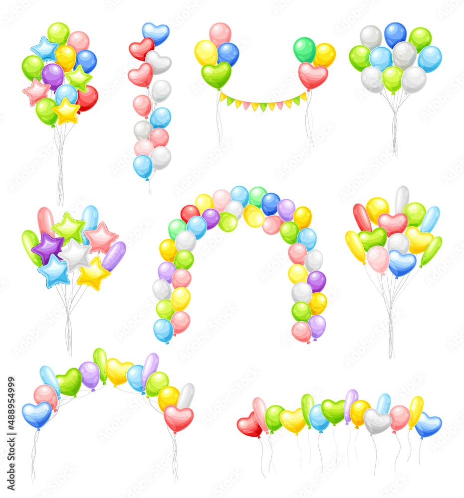 Bunches of colorful balloons set. Birthday party, wedding decor elements vector illustration Bunches of colorful balloons set. Birthday party, wedding decor elements vector illustration