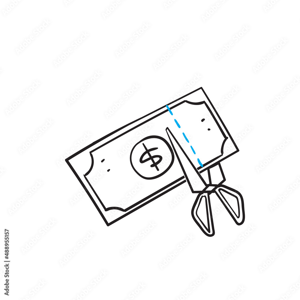 hand drawn doodle cut money with scissor illustration symbol for tax or interest reduce illustration vector