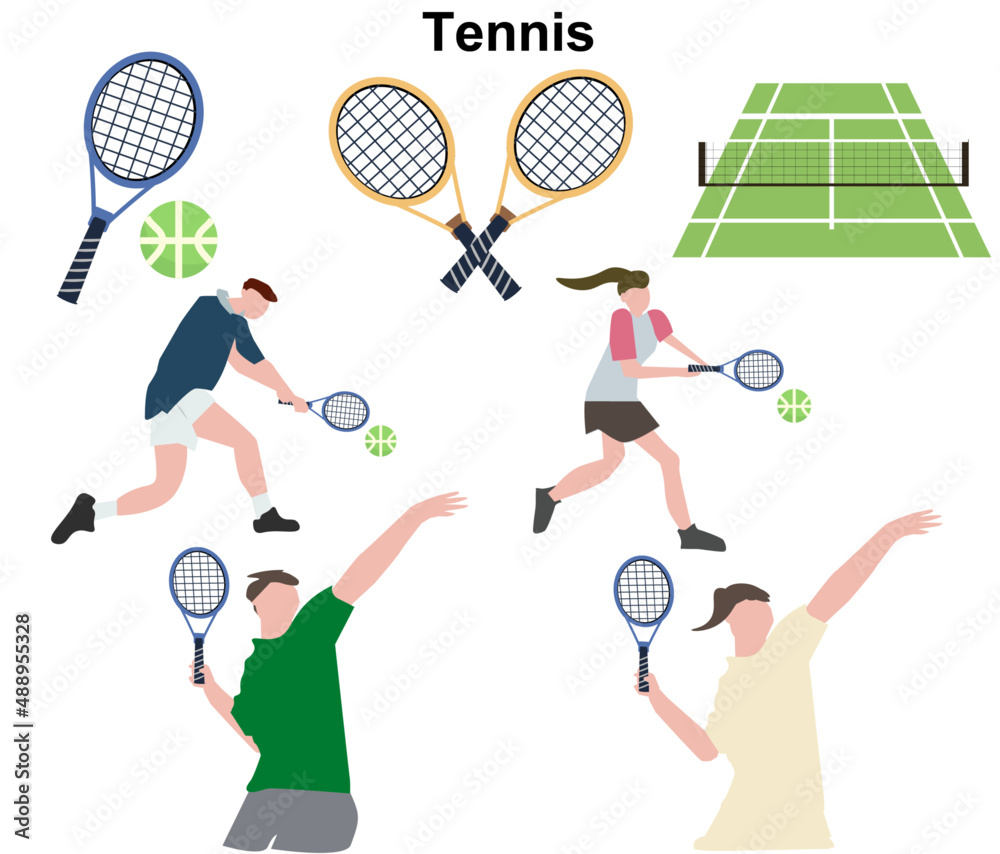 テニス ベクターイラストセット テニスコートで練習 打つ 男性と女性 選手 試合 ラケット ボール Stock Vector Adobe Stock