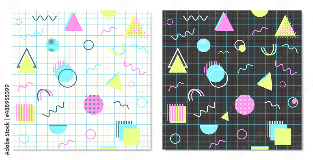 Set of memphis geometric abstract backgrounds. Modern, hipster patterns with geometric figures, halftone dots, graphic lines. Pink, blue, green, white shapes on black and white. Style 80s, 90s. Vector