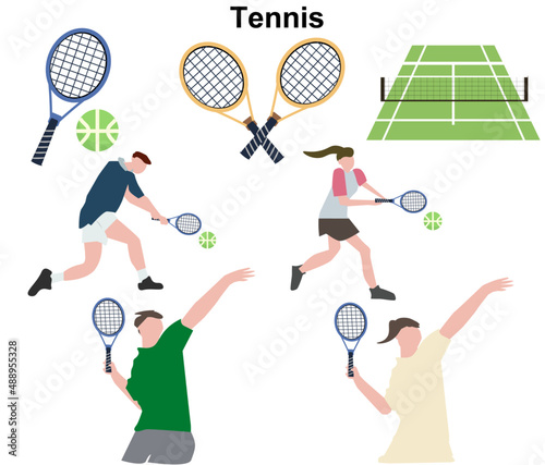 テニス ベクターイラストセット テニスコートで練習 打つ 男性と女性 選手 試合 ラケット ボール Stock Vector Adobe Stock