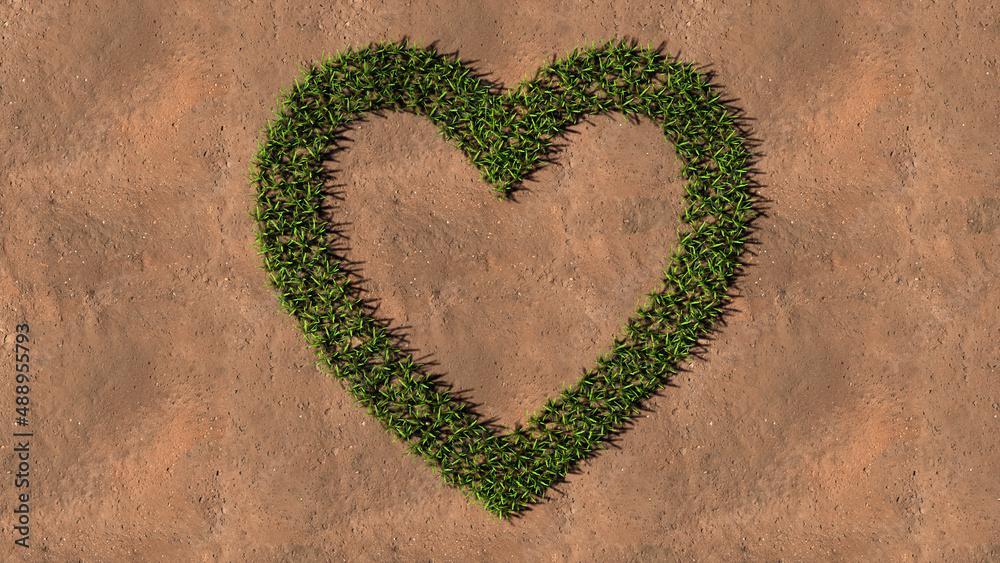 Concept or conceptual green summer lawn grass symbol shape on brown soil or earth background, like icon. 3d illustration metaphor for love, popular, trendy, health, romance and marriage Concept or conceptual green summer lawn grass symbol shape on brown soil or earth background, like icon. 3d illustration metaphor for love, popular, trendy, health, romance and marriage