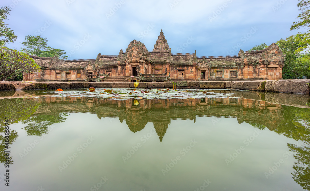 Prasat Phanom Rung view from small pool at Phanom Rung Historical Park. It is is a Hindu Khmer Empire temple and located in Buriram Province, the Isan region of Thailand, Southeast Asia.